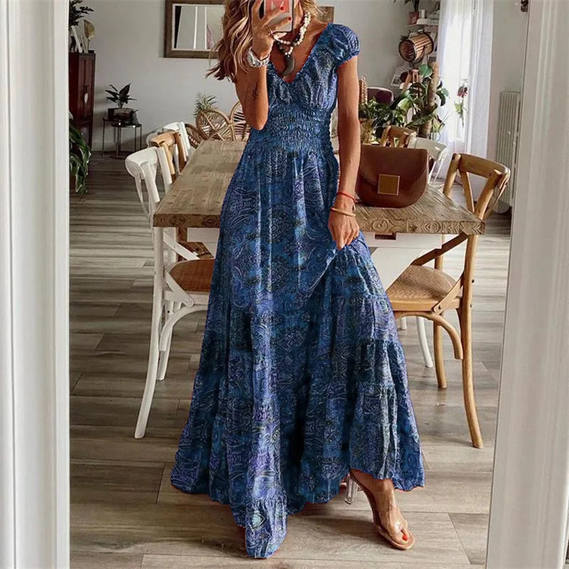 Summer Vintage Long Dresses Elegant Floral Print V Neck