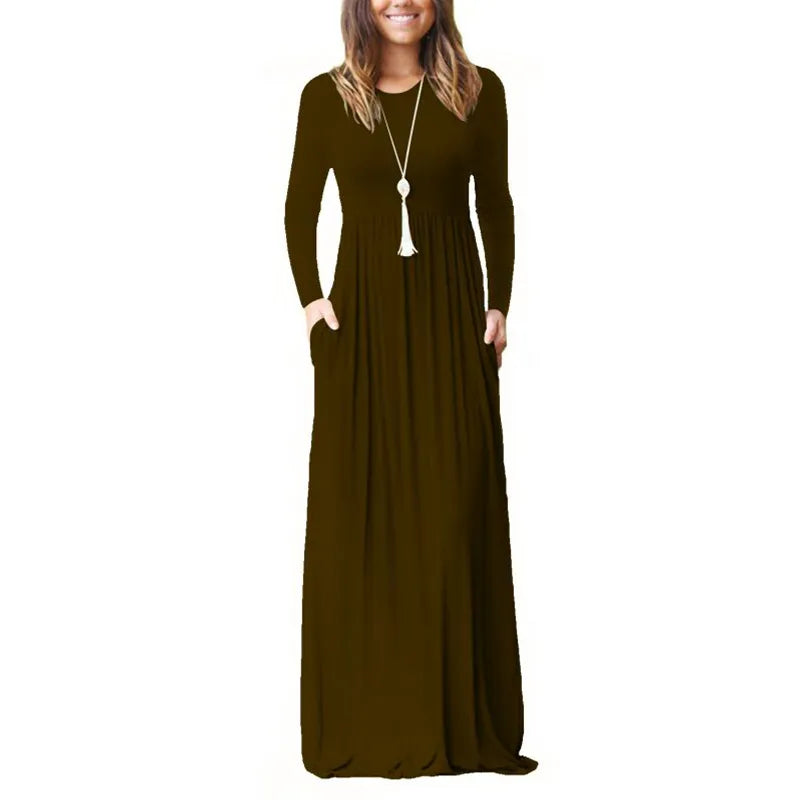 Long Sleeve Maxi Dress Crewneck Loose Plain Casual Empire