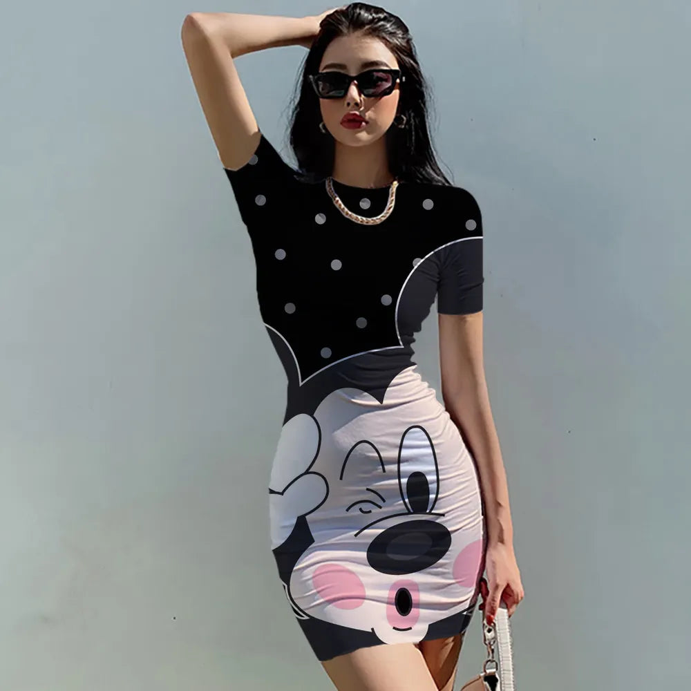 Disney Woman Dresses Elegant Tight Slim Lady O Neck Summer