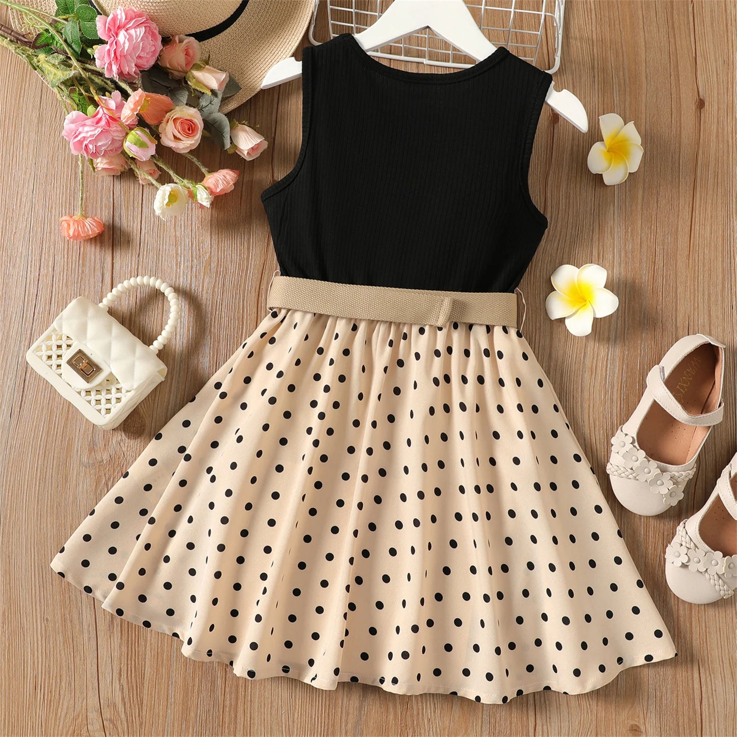 2pcs Dresses Polka Dots Ribbed Sleeveless