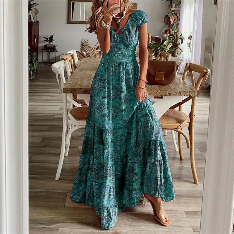 Summer Vintage Long Dresses Elegant Floral Print V Neck