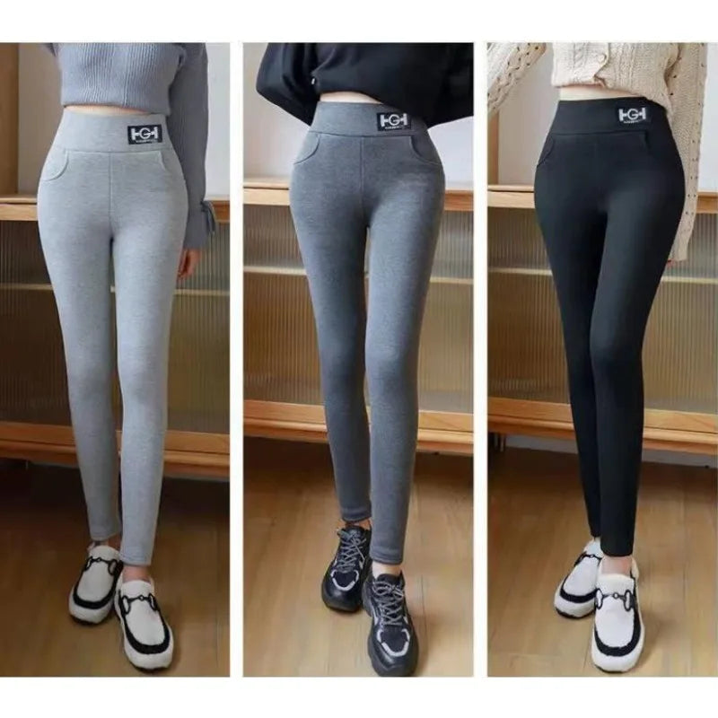 Leggings Solid Warm Thicken Lambwool Hight Waist Fleece