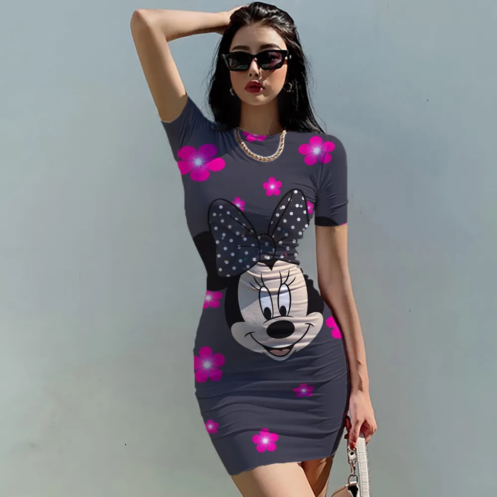 Disney Woman Dresses Elegant Tight Slim Lady O Neck Summer