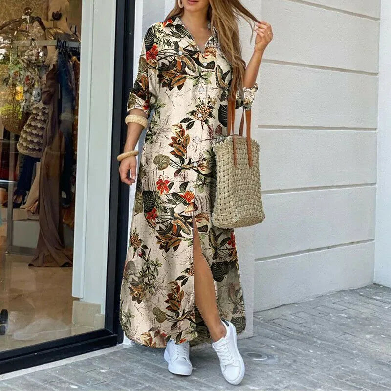 Women Long Sleeve Shirt Dress Autumn Casual Boho Printed Dresses