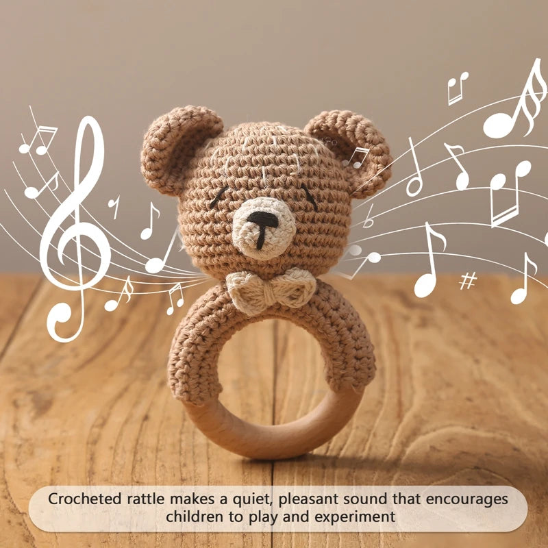 Crochet animal bear rattle wooden teether