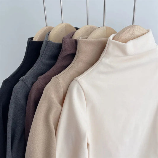 T-shirts tops solid turtleneck long sleeve warm fleece