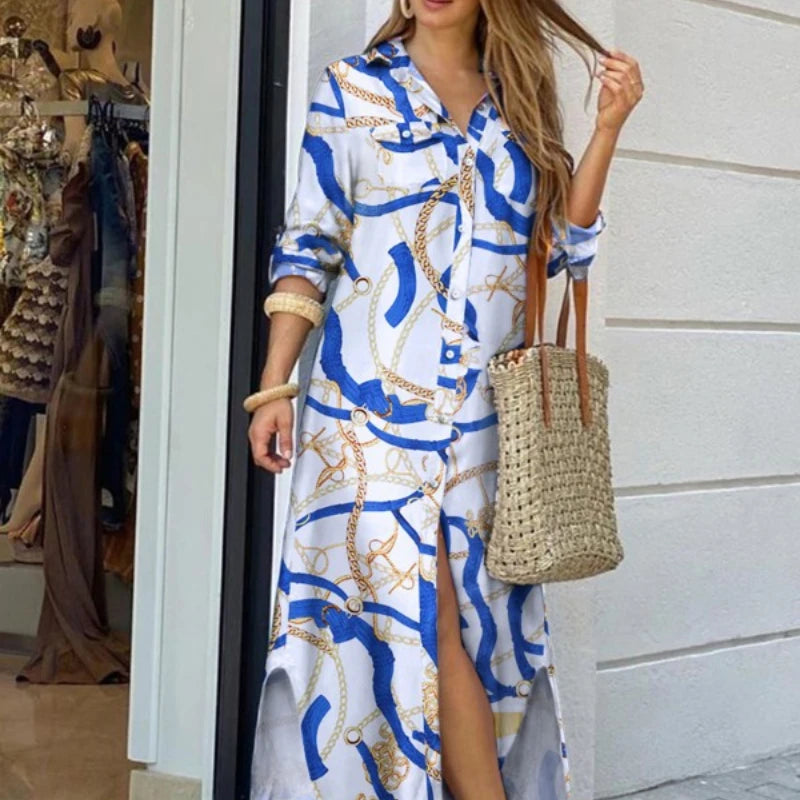 Women Long Sleeve Shirt Dress Autumn Casual Boho Printed Dresses