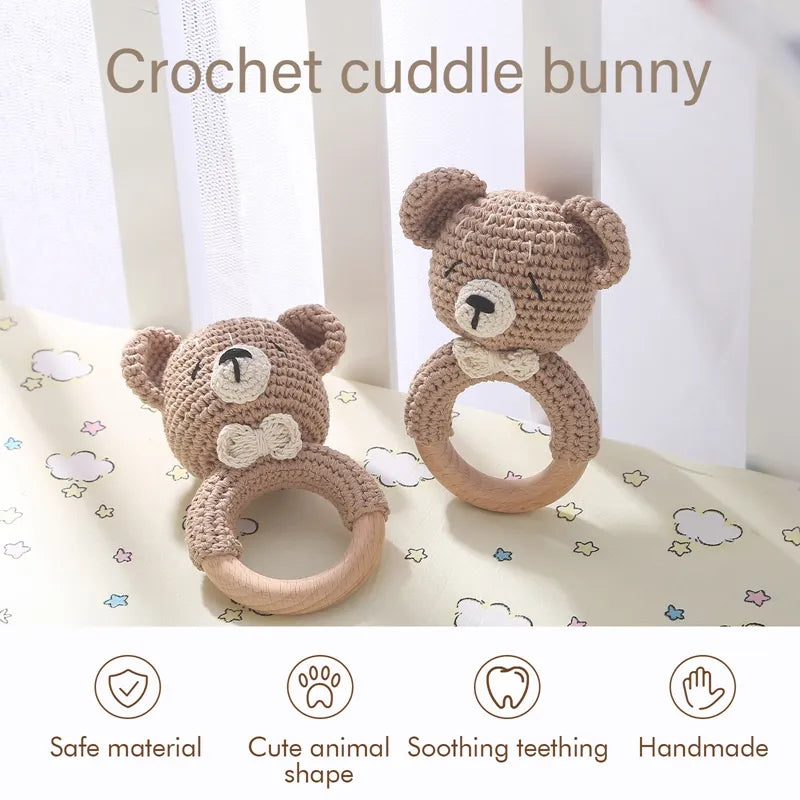 Crochet animal bear rattle wooden teether