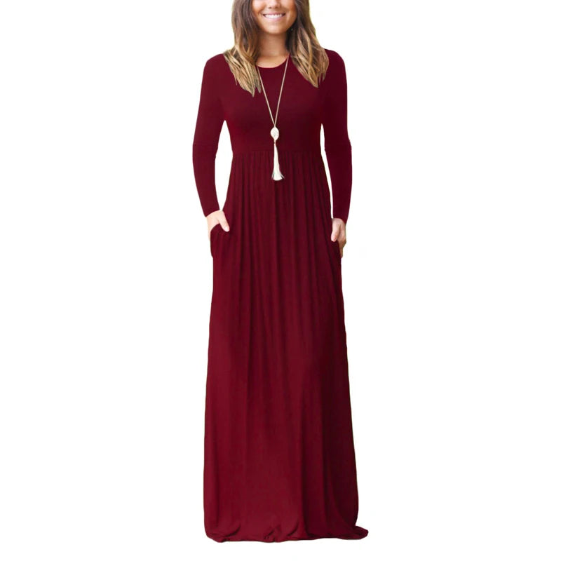 Long Sleeve Maxi Dress Crewneck Loose Plain Casual Empire