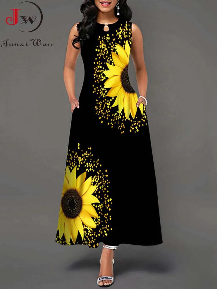 Summer Boho Long Dresses Elegant Sleeveless Casual Floral - S/M/L