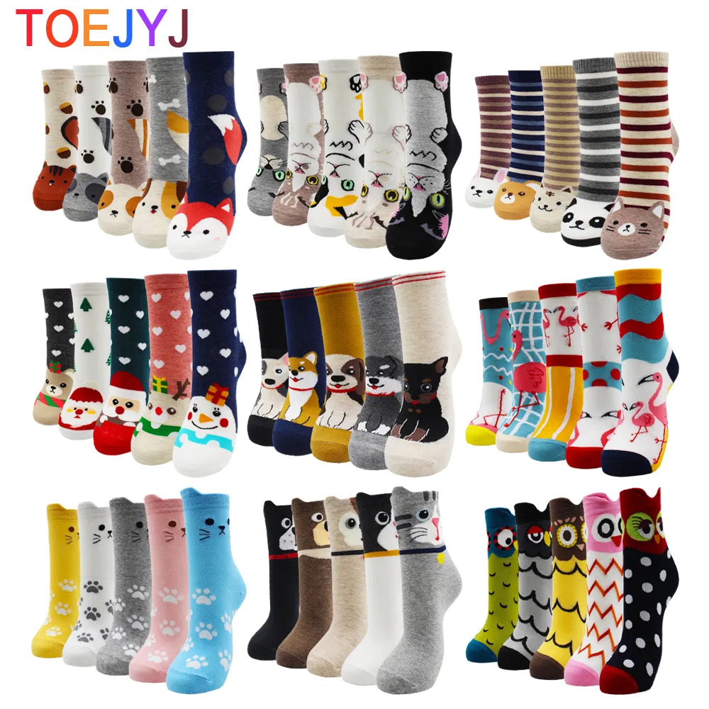 5 Pairs Fashion Colorful Cute Cartoon Cotton Women Socks