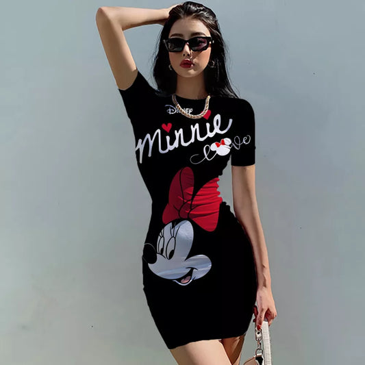 Disney Woman Dresses Elegant Tight Slim Lady O Neck Summer