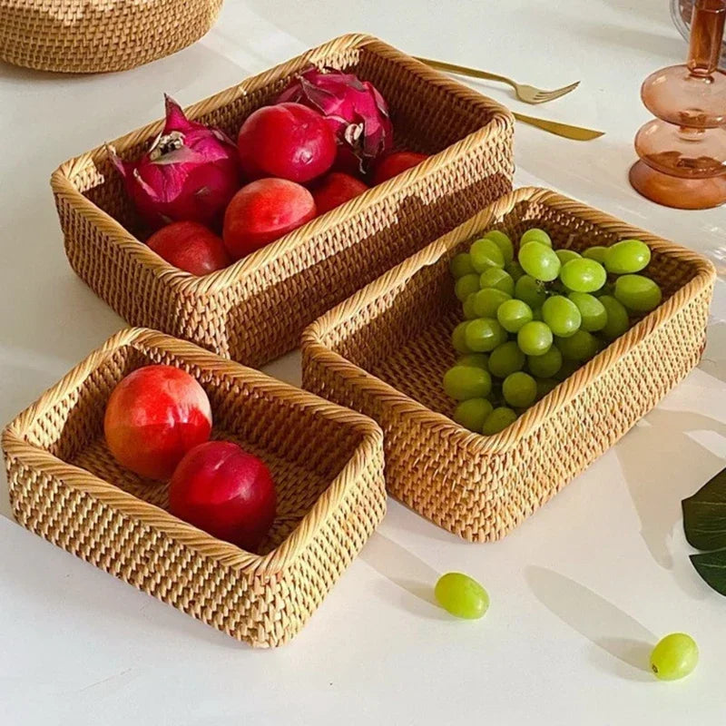 Handwoven Rectangular Rattan Wicker Basket Fruit