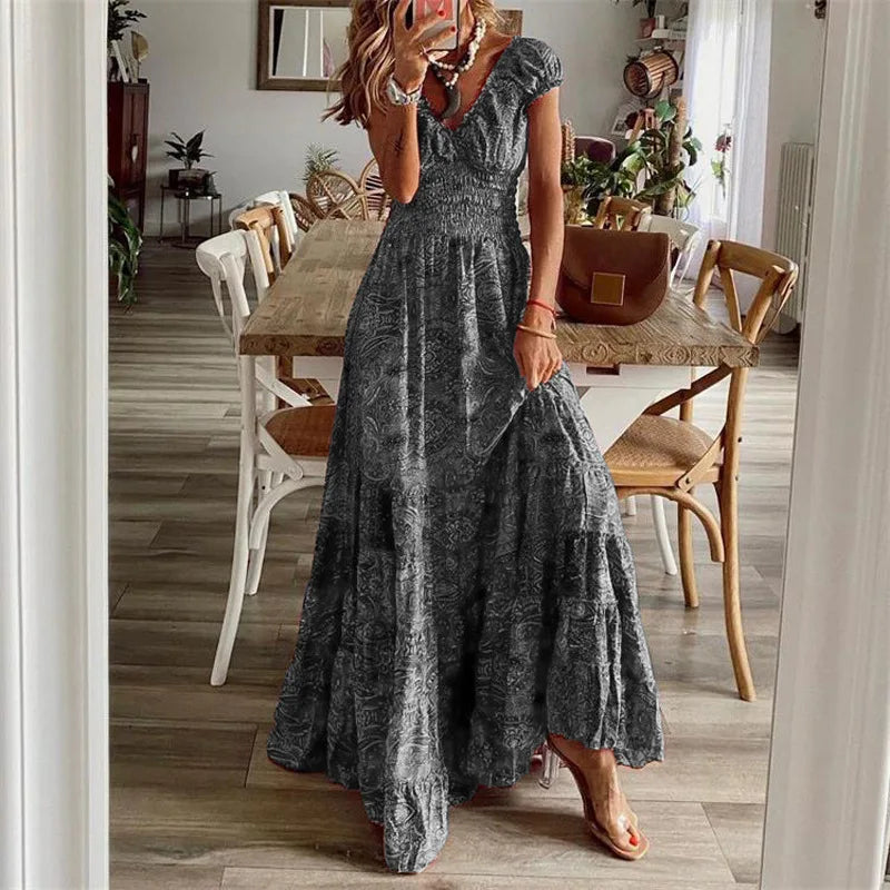 Summer Vintage Long Dresses Elegant Floral Print V Neck