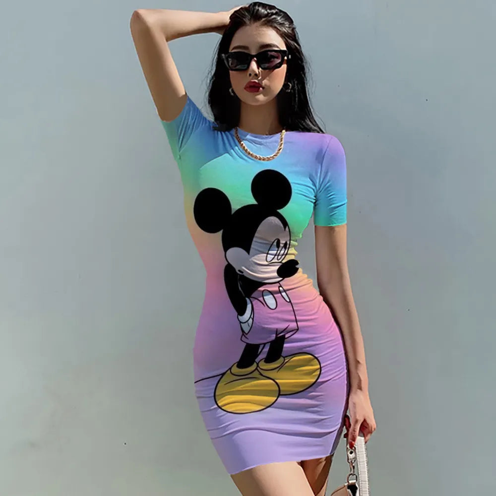 Disney Woman Dresses Elegant Tight Slim Lady O Neck Summer