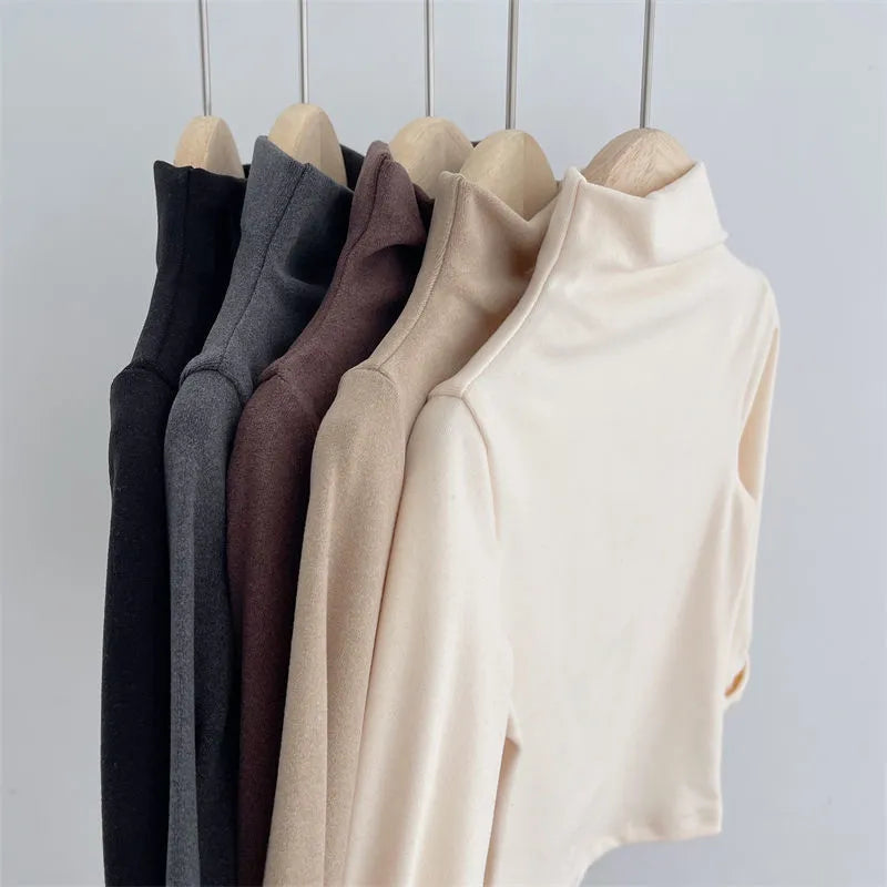 T-shirts tops solid turtleneck long sleeve warm fleece