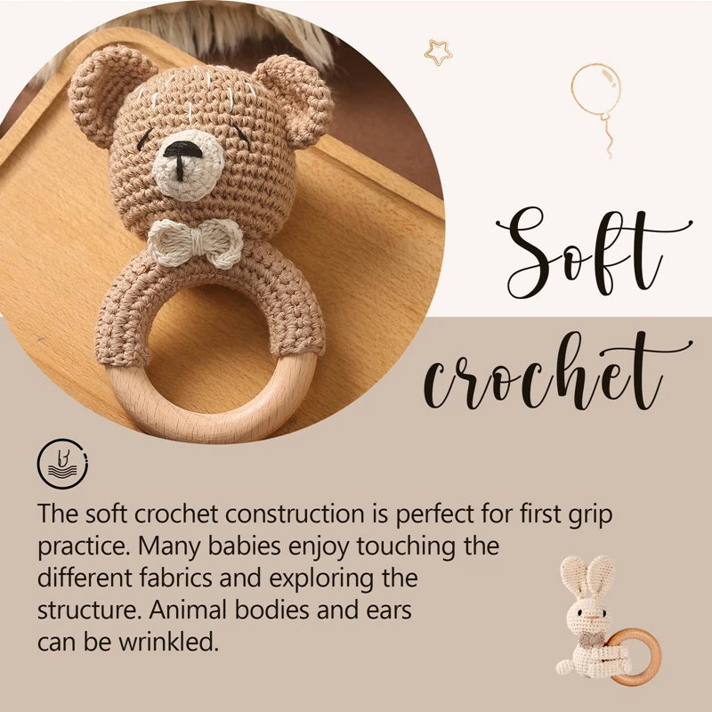 Crochet animal bear rattle wooden teether