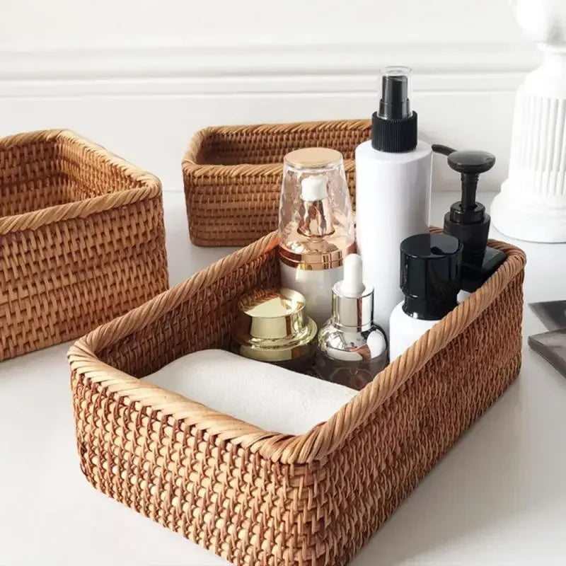 Handwoven Rectangular Rattan Wicker Basket Fruit