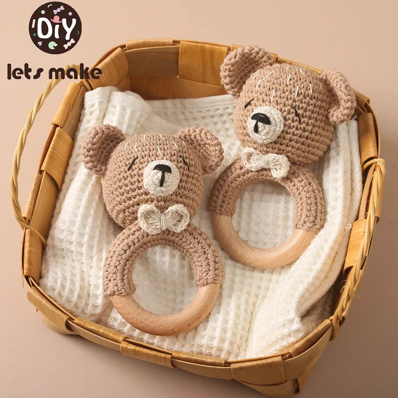 Crochet animal bear rattle wooden teether