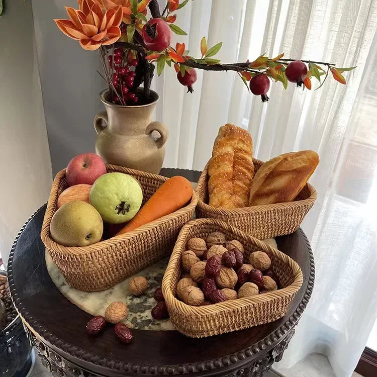 Handwoven Rectangular Rattan Wicker Basket Fruit