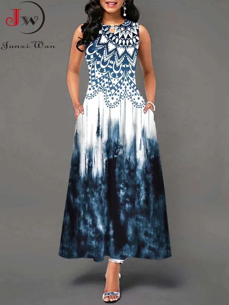 Summer Boho Long Dresses Elegant Sleeveless Casual Floral - 4XL / 5XL