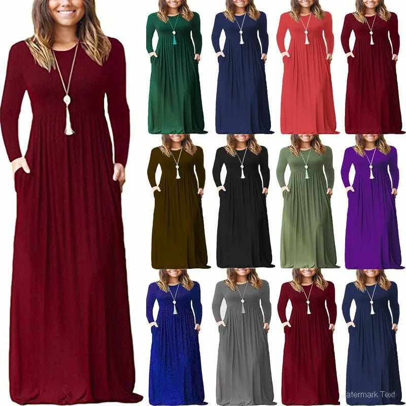 Long Sleeve Maxi Dress Crewneck Loose Plain Casual Empire