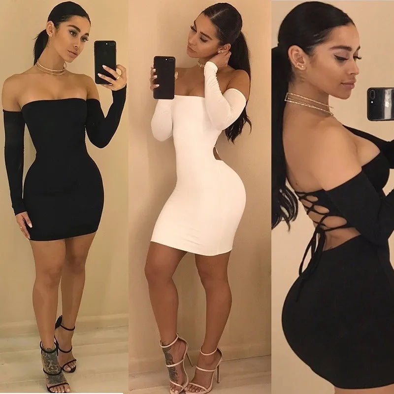 Strapless large long sleeve backless night club dress