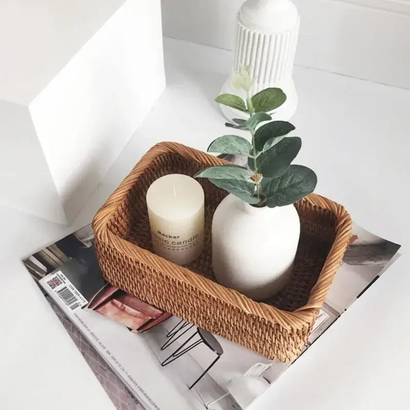 Handwoven Rectangular Rattan Wicker Basket Fruit