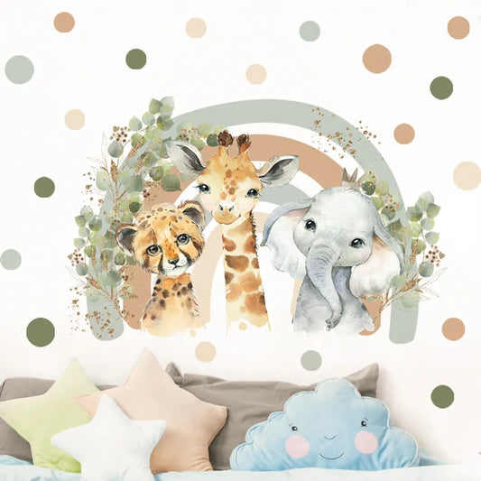 Cartoon African Animal Giraffe Elephant Watercolor Wall Sticker