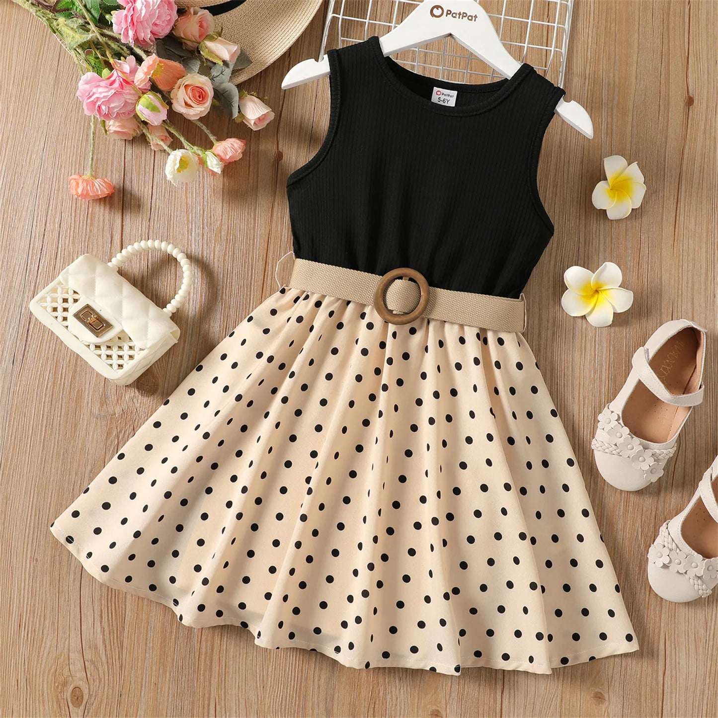 2pcs Dresses Polka Dots Ribbed Sleeveless