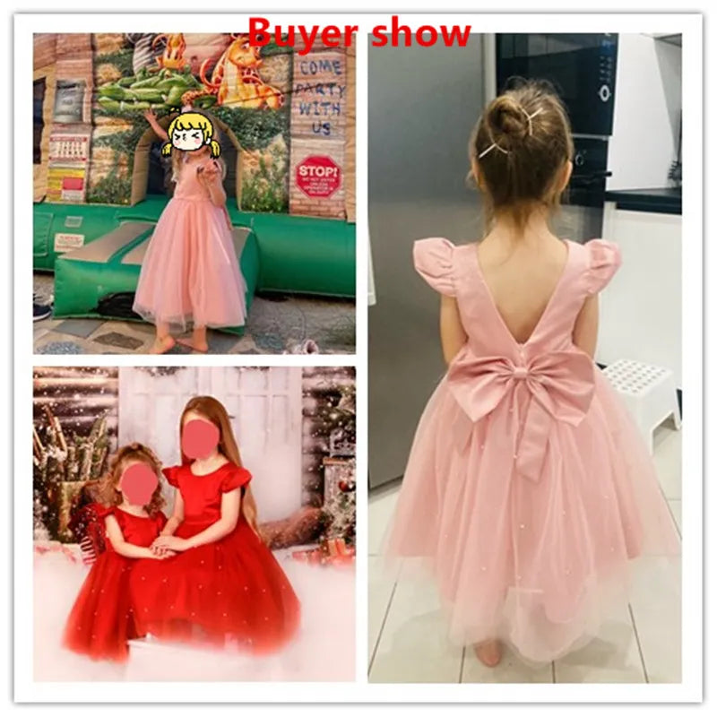 Toddler Girl Flower Tulle Dress Backless Bow Wedding