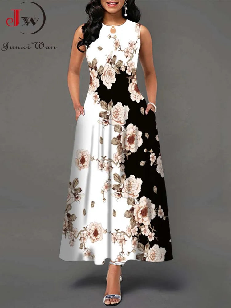 Summer Boho Long Dresses Elegant Sleeveless Casual Floral - 4XL / 5XL